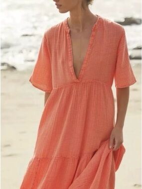 Anthropologie Kallie flowy Tiered V-Neck Maxi Dress in coral